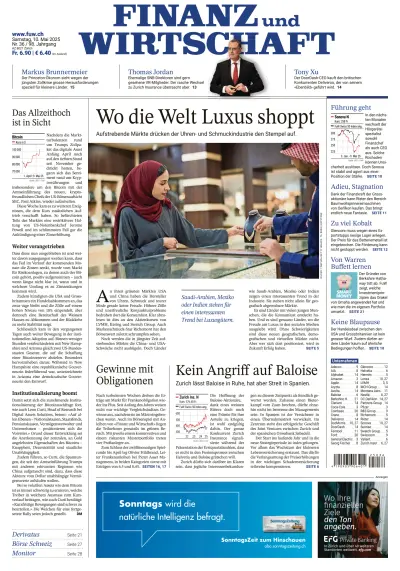 Front page of Finanz und Wirtschaft newspaper from Switzerland
