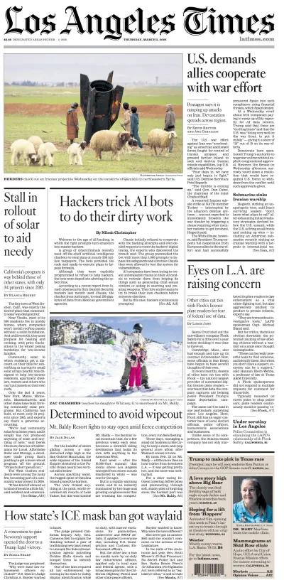 Front page of Los Angeles Times newspaper from United States