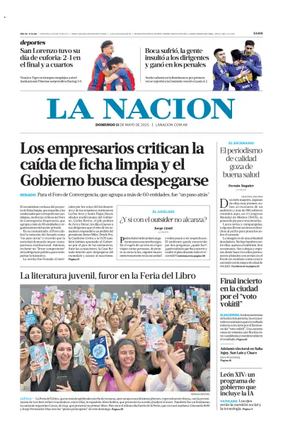 Front page of La Nacion (Combined) newspaper from Argentina