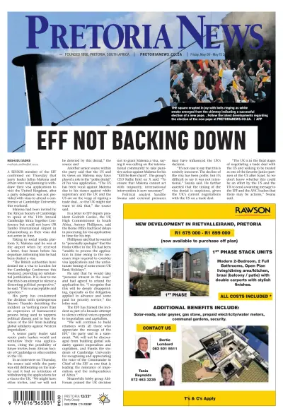 Front page of Pretoria News newspaper from South Africa