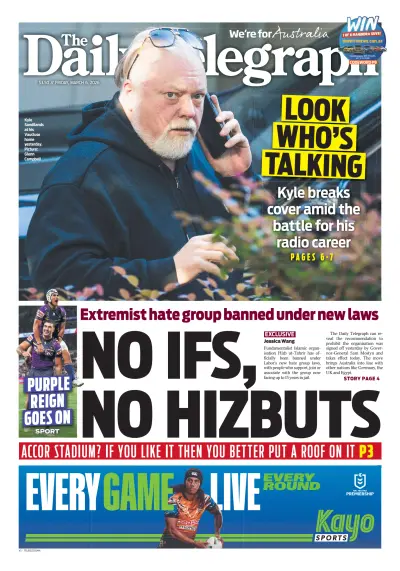 Front page of Daily Telegraph newspaper from Australia