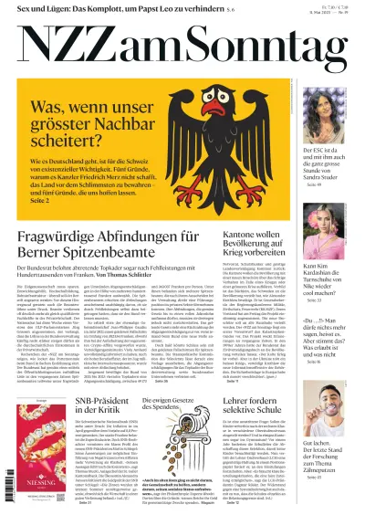 Front page of Neue Zurcher Zeitung am Sonntag newspaper from Switzerland