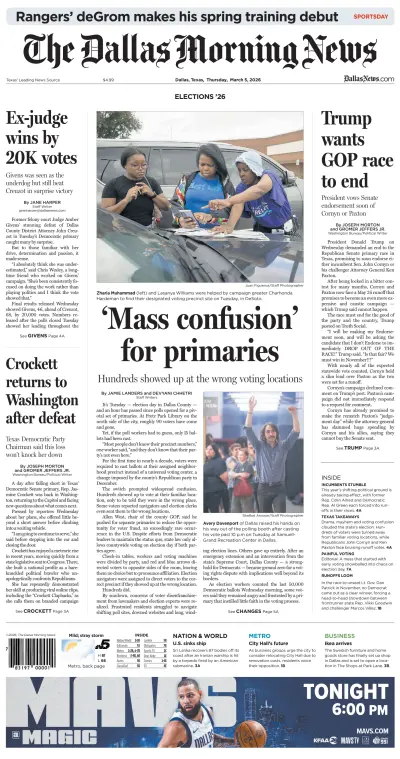 Front page of Dallas Morning News newspaper from United States