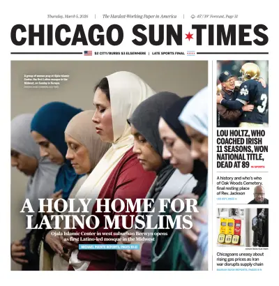 Front page of Chicago Sun Times newspaper from United States