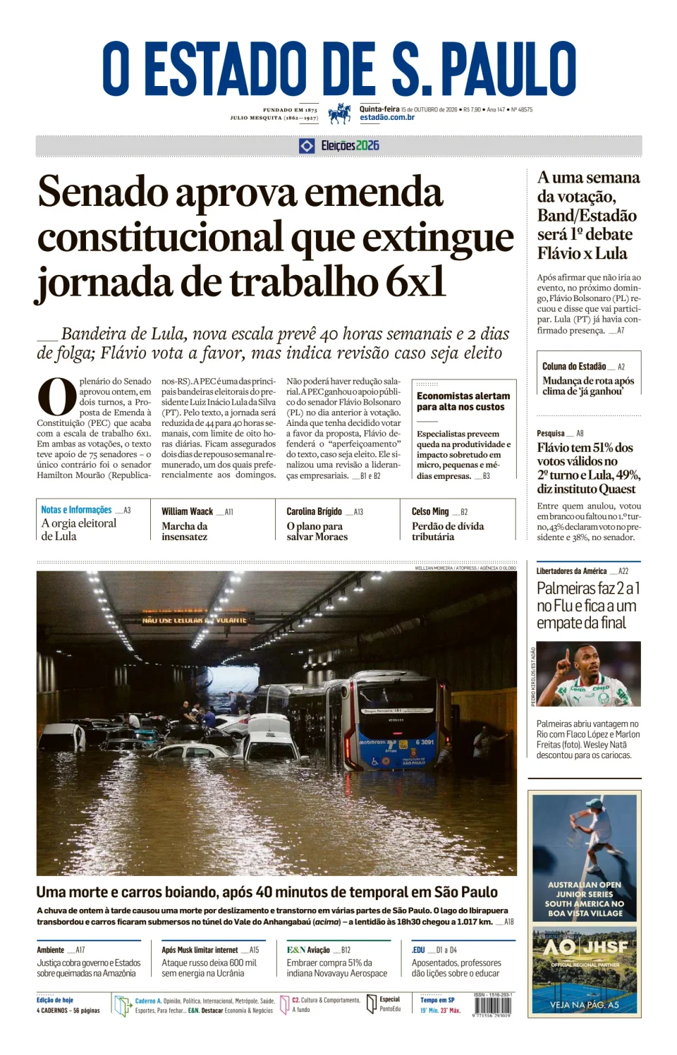 Capa do jornal Estadao de 15/10/2026