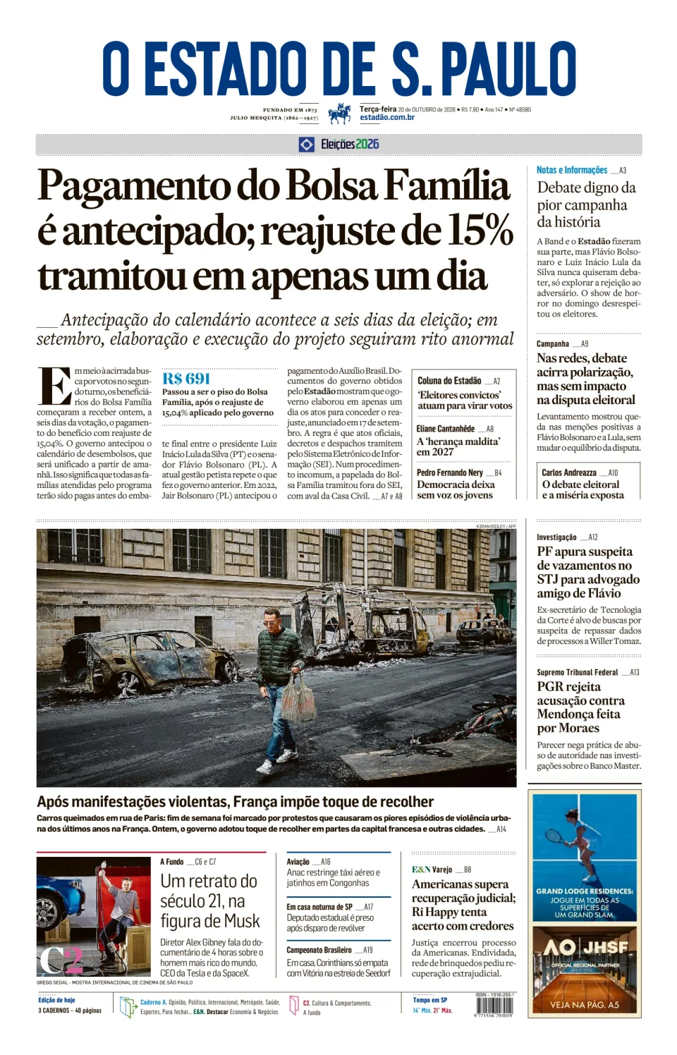 Capa do jornal Estadao de 20/10/2026