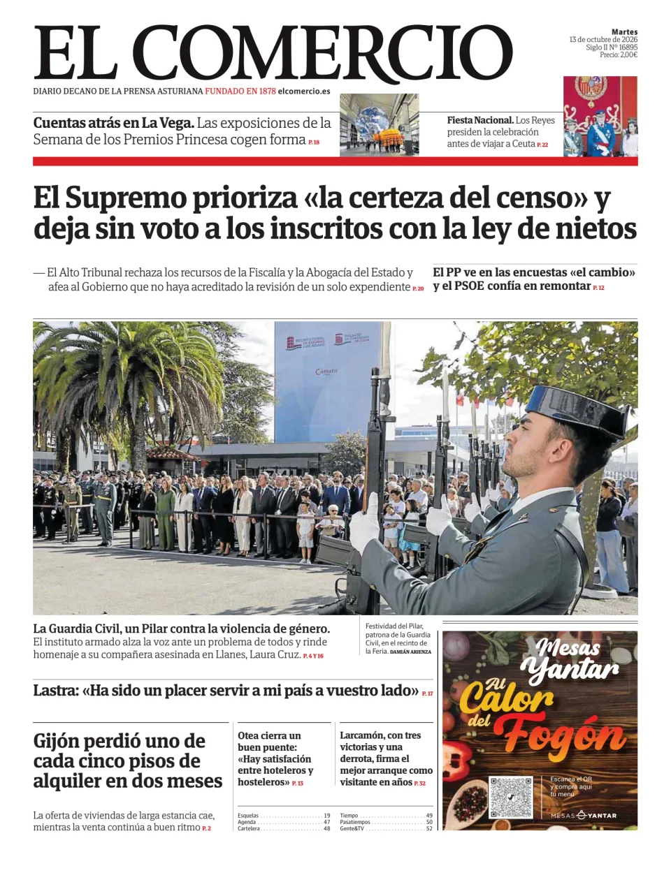 Portada del periódico El Comercio del 13/10/2026