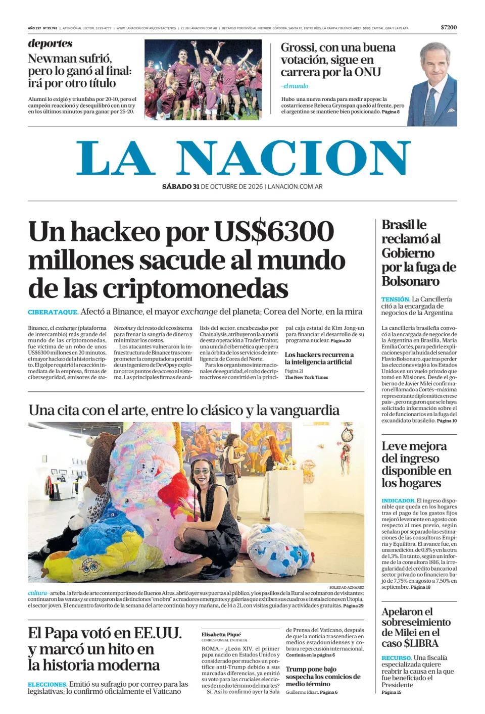 Tapa del diario La Nación del 31/10/2026