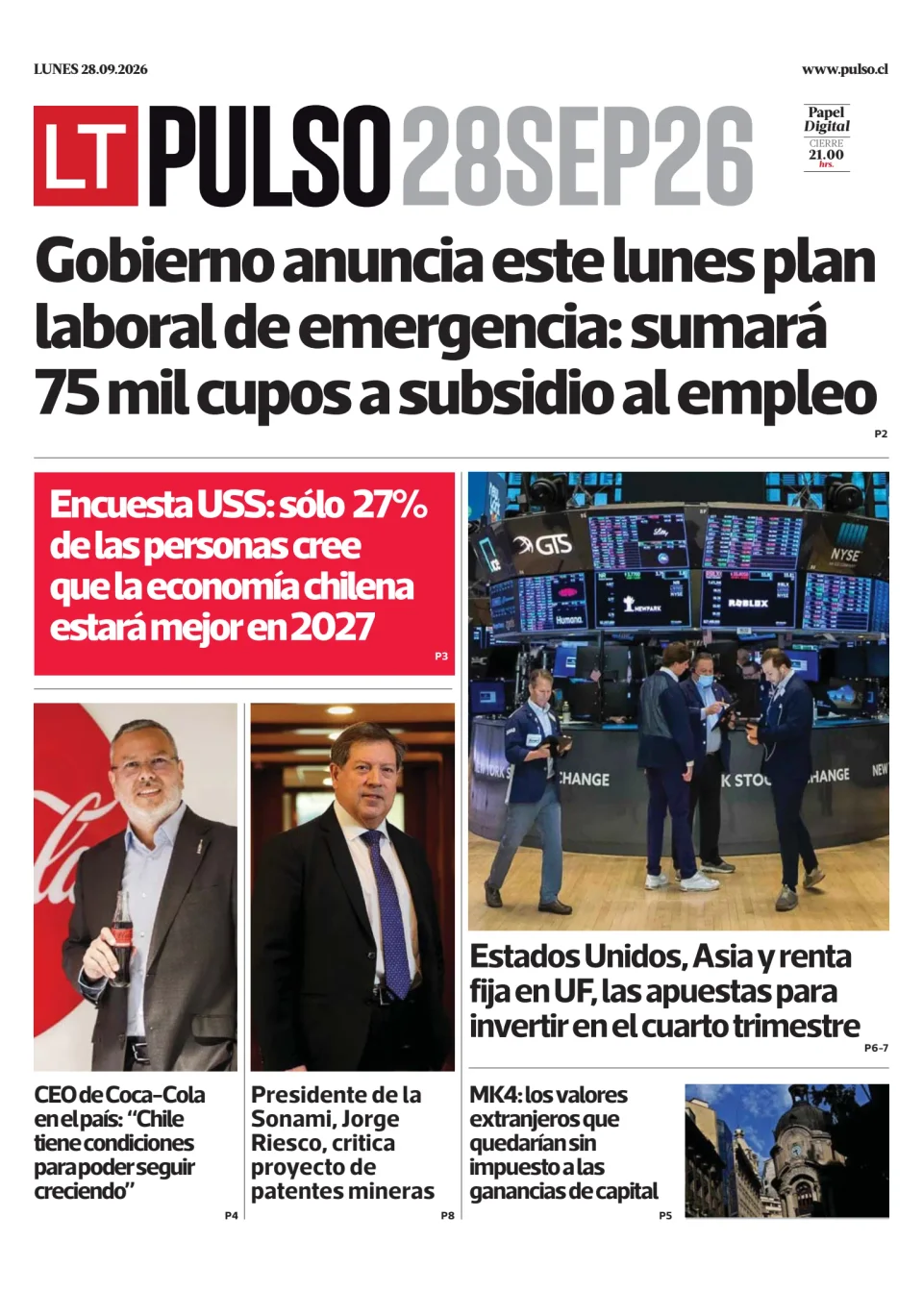 Portada del diario Pulso del 28/09/2026
