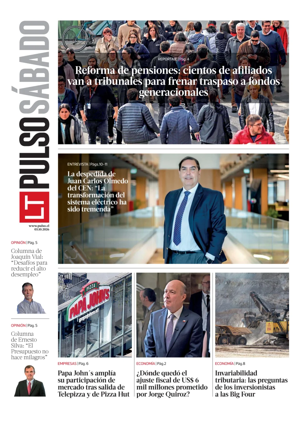 Portada del diario Pulso del 03/10/2026