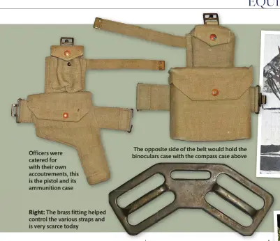  ??  ?? Officers were catered for with their own accoutreme­nts, this is the pistol and its ammunition case
Right: The brass fitting helped control the various straps and is very scarce today
The opposite side of the belt would hold the binoculars case with the compass case above