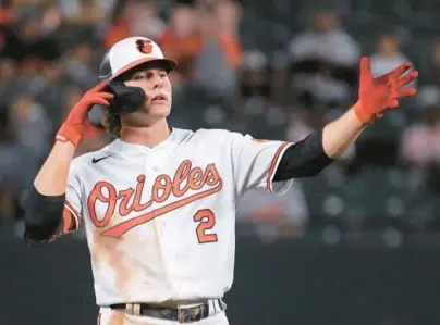  ?? KARL MERTON FERRON/BALTIMORE SUN ?? Orioles infielder Gunnar Henderson, shown after hitting a double against the Blue Jays on Aug. 23, was named American League Rookie of the Year on Monday, becoming the first Baltimore player to win the award since Gregg Olson in 1989.