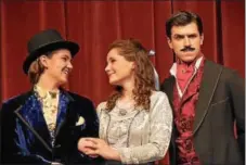  ??  ?? Characters (from left) Edwin Drood (Zoe Pratt), Rosa Bud (Rebecca Susskind) and John Jasper (Jack D’Emilio).