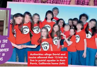  ??  ?? Authoritie­s allege David and Louise allowed their 13 kids to live in putrid squalor in their Perris, California home (left).