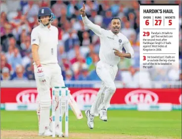  ?? REUTERS ?? ▪ Hardik Pandya became the third Indian to pick five wickets in an innings at Trent Bridge after Zaheer Khan and Bhuvneshwa­r Kumar.