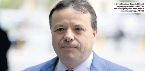  ??  ?? > Arron Banks co-founded Brexit campaign group Leave.EU. The pro-leave group has been fined a record-equalling £70,000