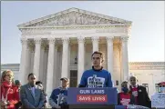  ?? JOSE LUIS MAGANA ?? Parkland survivor and activist David Hogg speaks at a rally Wednesday at the U.S. Supreme Court, which heard arguments in a gun rights case.