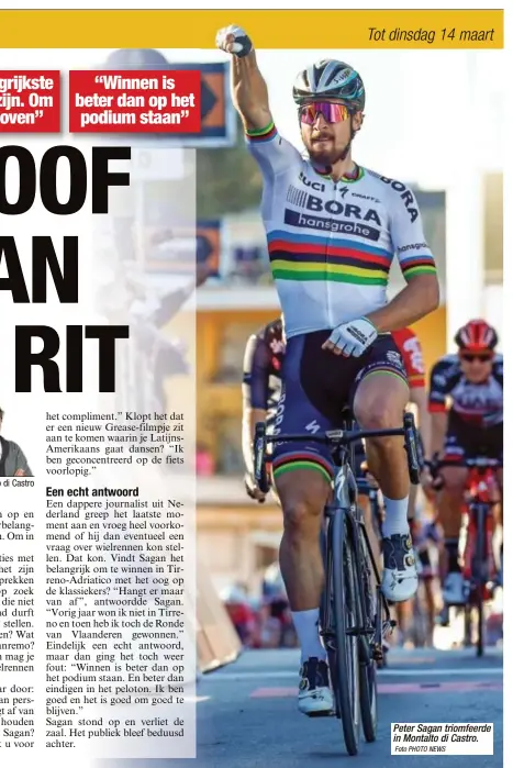  ?? Foto PHOTO NEWS ?? Peter Sagan triomfeerd­e in Montalto di Castro.