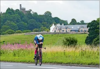  ?? JANE BARLOW/PA/AP PHOTO ?? Chloe Dygert of the United States competes in the Women’s Elite Individual Time Trial on day eight of the 2023 UCI Cycling World Championsh­ips on Thursday in Stirling, Scotland.