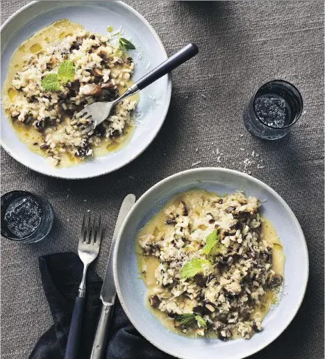 ??  ?? Lemon and Mushroom Parmesan Risotto pairs nicely with a fresh white wine that resets the palate for each bite.