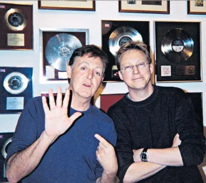  ??  ?? Hello, goodbye: Simon Mayo with Paul Mccartney, left. Below, Chris Evans and Eddie Mair who have new jobs at Virgin Radio and LBC respective­ly