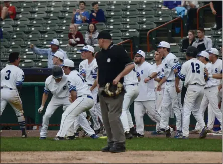  ?? BY JOE BOYLE JBOYLE@DIGITALFIR­STMEDIA.COM @BOYLERALER­TTROY ON TWITTER ?? Saratoga celebrates after Nate Chudy’s single tied things in the top of the seventh Thursday against Shen.