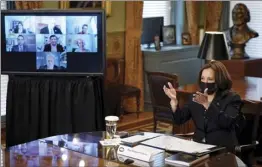  ??  ?? Vice President Kamala Harris speaks at a virtual meeting with outside national security experts in Vice President’s ceremonial office at the Eisenhower Executive Office Building on the White House complex in Washington on Wednesday.