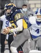  ??  ?? Averill Park defensive back junior Gavin Giordano steps in front of Lasalle receiver junior Damani Canty for an intercepti­on.