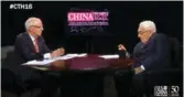  ?? PROVIDED TO CHINA DAILY ?? A conversati­on with former secretary of state Henry Kissinger (right) and Stephen Orlins, the President of the National Committee on US-China Relations (NCUSCR), was streamed as part of NCUSCR’s 2016 CHINA Town Hall, held at more than 80 venues in the...