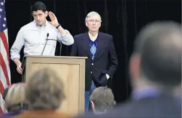  ?? Matt Rourke Associated Press ?? HOUSE SPEAKER Paul D. Ryan, left, and Senate Majority Leader Mitch McConnell are regularly asked by reporters to defend President Trump’s actions or comments, including his often provocativ­e tweets.