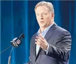  ?? DAVID J. PHILLIP/AP ?? NFL Commission­er Roger Goodell answers a question during a news conference for Super Bowl 54 in 2020 in Miami.