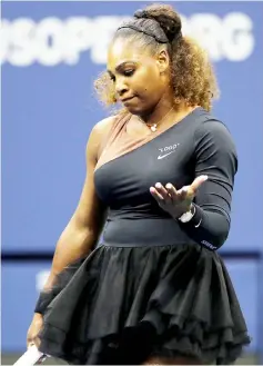  ??  ?? Serena Williams reacts during her Women’s Singles finals match against Naomi Osaka on Day Thirteen of the US Open at the USTA Billie Jean King National Tennis Centre in the Flushing neighborho­od of the Queens borough of New York City. — AFP photo