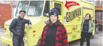  ?? DAVE SIDAWAY ?? Gaëlle Cerf, centre, Sebastien Harrison Cloudier, left, and Hilary Mcgown in front of the Grumman ‘78 food truck in Montreal last week.