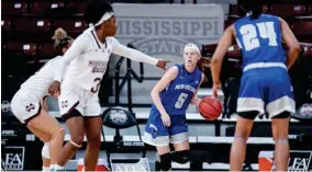  ??  ?? Mississipp­i State guard Aliyah Matharu (3) directs the defense against New Orleans on Wednesday night. (Photo by Austin Perryman, MSU Athletics, for Starkville Daily News)