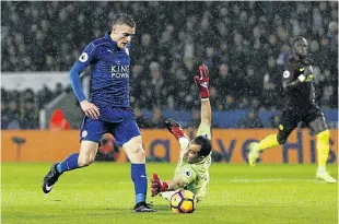  ?? Picture: REUTERS ?? BACK WITH A BANG: Leicester City striker Jamie Vardy scores his third goal against Manchester City yesterday. The game was played at King Power