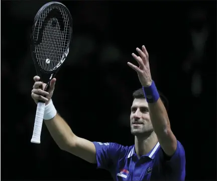  ?? BERNAT ARMANGUE - THE ASSOCIATED PRESS ?? Serbia’s Novak Djokovic after defeating Croatia’s Marin Cilic during their Davis Cup tennis semi-final match at Madrid Arena in Madrid, Spain, on Dec. 3, 2021.