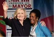  ?? Elizabeth Conley/Staff photograph­er ?? Former Secretary of State Hillary Clinton greets U.S. Rep. Sheila Jackson Lee on Friday at a campaign event.