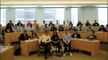  ?? COURTESY OF NEYDER FERNANDEZ ?? The Boston Intercolle­giate Government, composed of university representa­tives from Umass Lowell and Umass Boston, Northeaste­rn University, Boston University and others, meets on Oct. 15, 2022. Vice Chair Neyder Fernandez, a senior at
Umass Lowell at front center left, and Umass advisor to the Massachuse­tts Department of Higher Education Andrew Whitcomb, also a Umass Lowell senior, second row, far left, are two leaders at Umass schools to sign a letter to Gov. Maura Healey supporting the Fair Share Amendment Monday.