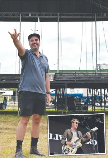  ?? Picture: Isaac McCarthy ?? Red Hot Summer Tour organiser Joshua Jones gets Cairns Showground­s ready for the event which includes The Living End with Chris Cheney (inset).
