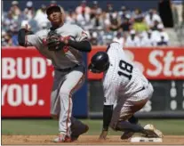  ??  ?? Baltimore Orioles second baseman Jonathan Schoop (6) throws to first after forcing New York Yankees Didi Gregorius (18) out at second after New York Yankees second baseman Starlin Castro hit onto a fourth inning fielder’s choice in a baseball game in...