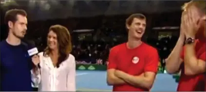  ??  ?? Quiet Andy! Murray, far left, with Annabel Croft, his brother Jamie, centre, and a mortified Dominic Inglot