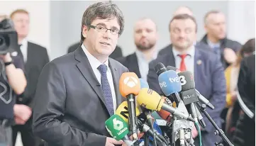  ?? — AFP photo ?? Puigdemont speaks during a press conference after a meeting with Danish MPs for talks about the Catalan crisis and Denmark’s handling of its autonomous territorie­s Greenland and the Faroe Islands at Christians­borg Palace in the heart of Copenhagen,...