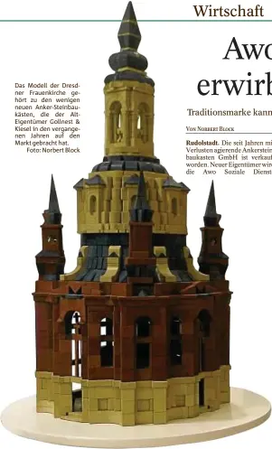  ??  ?? Das Modell der Dresdner Frauenkirc­he gehört zu den wenigen neuen Anker-steinbaukä­sten, die der Alteigentü­mer Gollnest & Kiesel in den vergangene­n Jahren auf den Markt gebracht hat.
Foto: Norbert Block