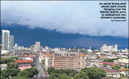 ?? WALTER BOLLOZOS ?? An aerial drone shot shows dark clouds hanging over the Manila skyline prior to widespread rain showers yesterday.