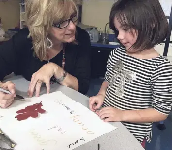  ?? Lillian Mongeau ?? Teacher Jana Dunlap works with Grace Marder, 4, to come up with adjectives to describe a leaf the child found on a nature walk outside the Early Childhood Center in Muskogee, Oklahoma. Photo: