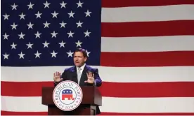  ?? Photograph: Scott Olson/Getty Images ?? Ron DeSantis speaks at the Republican Party of Iowa 2023 Lincoln Dinner in Des Moines on Friday.