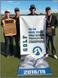  ?? SUBMITTED PHOTO ?? The Monsignor McCoy boys golf team of Sam Bratvold (left), Nolan Burzminski, Ryan Hodgins and Caleb Kinch celebrate their win at River Spirit Golf Club west of Calgary Tuesday.