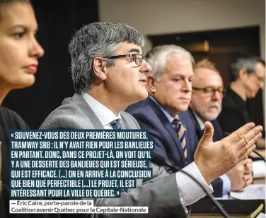  ?? PHOTO SIMON CLARK ?? Les députés caquistes Geneviève Guilbault, Éric Caire, François Paradis et Marc Picard ont réagi pour la première fois, en conférence de presse à l’assemblée nationale, au projet dévoilé vendredi dernier par le maire de Québec, Régis Labeaume, et le...