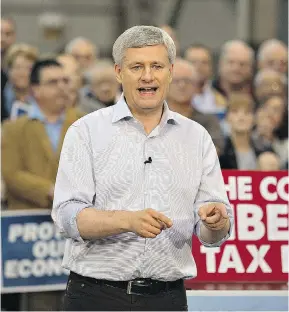  ?? BRIAN THOMPSON/ BRANTFORD EXPOSITOR ?? Conservati­ve Leader Stephen Harper speaks in Brantford, Ont. Democracy is the foundation on which Canada is built and a politician who has shown no respect for its underlying principles should not be rewarded with another term, Mohammed Adam writes.