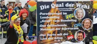  ??  ?? Am 7. Mai sind die Gundelfing­er dazu aufgerufen, einen Nachfolger für Franz Kukla zu wählen. Die Narren fanden: Es ist eine Wahl zwischen Paradiesvo­gel, Notnagel und dem Harten.